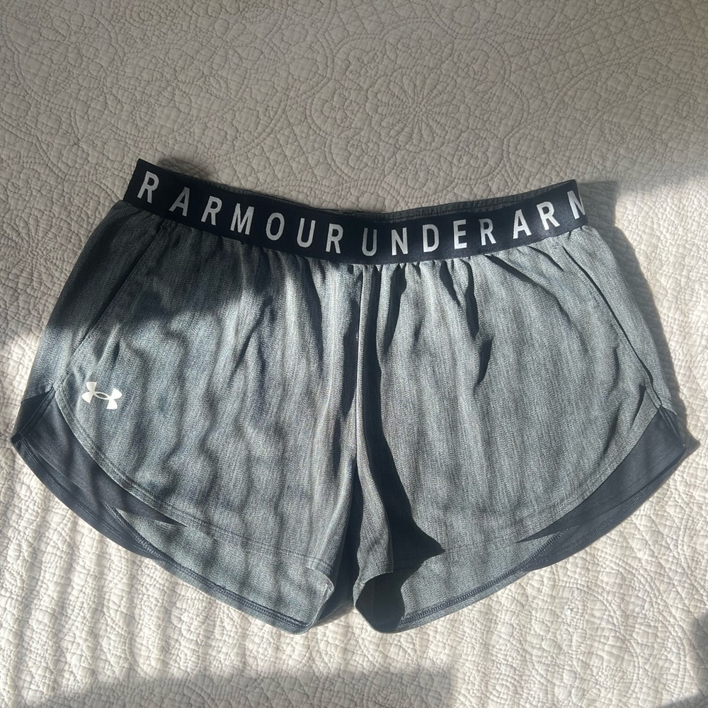 Under Armour: Women's Heather Gray and Black Running Shorts w/ Brand Waistband